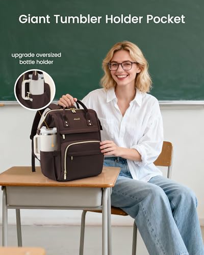 Image of LOVEVOOK Laptop Backpack for Women with Giant Tumbler Holder Pocket,15.6 inch Waterproof Travel Backpack Purse Computer Laptop Bag,Professional Work College Nurse Teacher Backpack Personal Item,Coffee