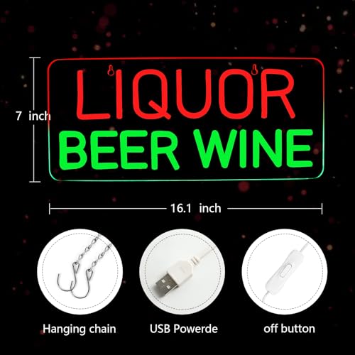 Image of Liquor Beer Wine Neon Signs for Wall Decor Neon Lights for Bedroom Led Business Signs Suitable for Liquor Store Christmas Birthday Party Gift 5V Power Adapter, 16.1 * 7 Inch(Red+Green)