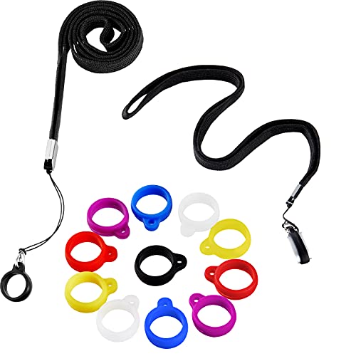2 Anti-Lost Necklace Lanyard with 12 Pieces Anti-Lost Silicone Rubber Ring Pen Silicone Lanyard Holder (Black)