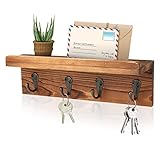 HRONRAD Rustic Key Holder for Wall, Farmhouse Wall Shelf with 4 Hooks, Wall Mounted Key Racks, Wooden Mail Organizer with Hooks for Entryway (Brown - Pine)