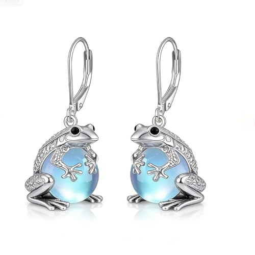 Cadeau femme boucles d'oreilles grenouille argent et pierre de lune