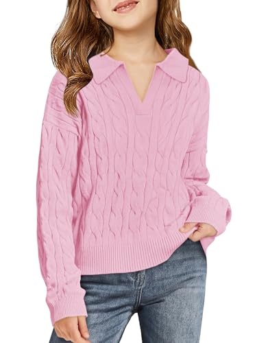 Girls Sweaters Kids Fashion Cable Knit Collared V Neck Pullover Sweater Tops 5-14 Years
