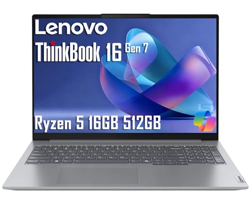 Image of Lenovo ThinkBook 16 Gen 7 Business Laptop (16 inch FHD+ Anti-Glare, AMD Ryzen 5 7533HS (> i7-1255U), 16GB DDR5 RAM, 512GB SSD), Fingerprint Reader, Webcam, Wi-Fi 6, Ethernet, Win 11 Pro w / Copilot, Grey