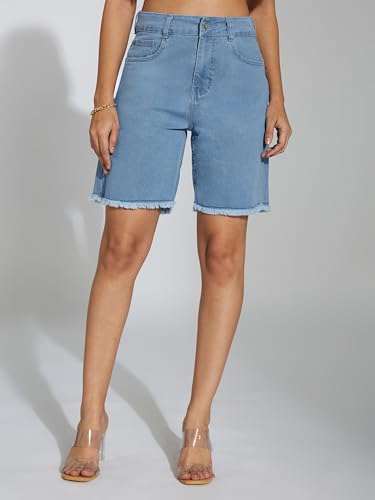 Image of Miss Chase Women's Relaxed Fit Mid Rise Highly Distressed Regular-Length Denim Shorts