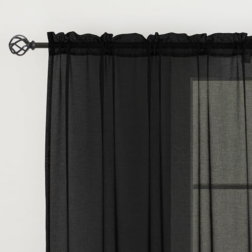 Image of MYSTIC-HOME Extra Wide Sheer Curtains Black 84 Inches Long, Window Treatments Rod Pocket Drapes for Living Room, Bedroom, 108 in Width Semi Sheer Curtains for Yard, Villa, Parlor, 108 inchx 84 inch, 2 Panels