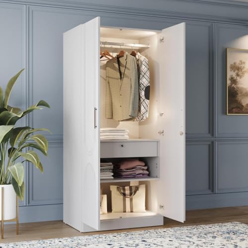 Image of Wakefit Wardrobe for Bedroom | 3 Yr Warranty | Cupboard for Bedroom, Almirah, Wooden Wardrobe, Comes with LED light, Multi-Shelves, Drawer & Hanger, Density:680-750 kg /m, Free Installation(Tyrian-FW)