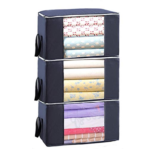 FiveRen Set of 3 Large Clothes Storage Bag Organizers, Clear Window & Carry Handles, Great for Clothes, Blankets, Closets, Bedrooms and More (Navy Blue)