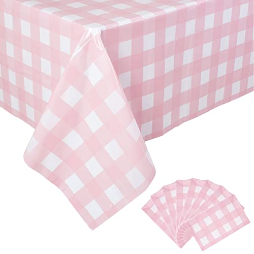 Image of Kesfey 8 Packs Pink and White Checkered Tablecovers 54 x 108 Inches Disposable Party Picnic Table Cloth SpillProof Plastic Gingham Tablecovers for Camping Decoration Party Favors