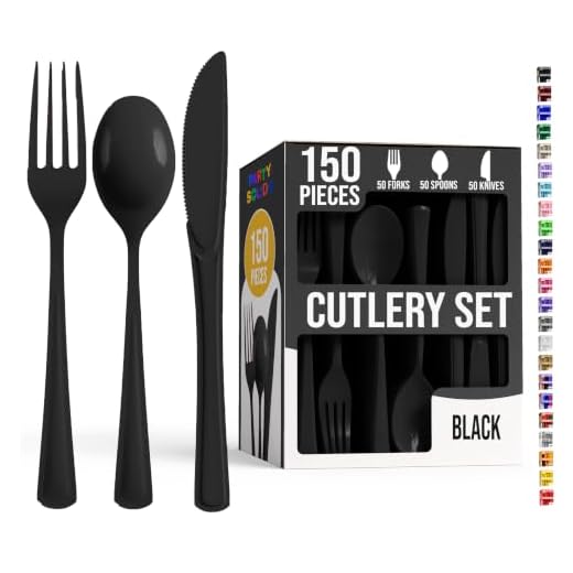 Exquisite 150 Pack Black Plastic Utensils Heavy Duty Cutlery Set 50 Plastic Forks 50 Plastic Spoons 50 Plastic Knives Perfect Plastic Silverware Party Pack Set for all occasions