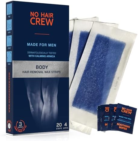 NO HAIR CREW Body Wax Strips โ High Performance Wax Strips Made for Men, 20 strips & 4 soothing cleansing wipes