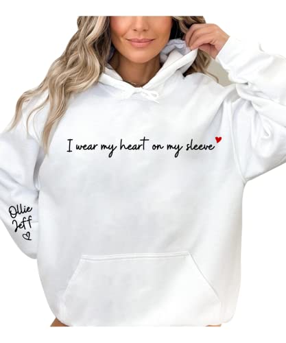 I Wear My Heart on My Sleeve Kids Children Name on Sleeve Hoodie Custom Mom Mama Personalized Hoodie Mothers Day Birthday for Mom Mama Grandma Women Her