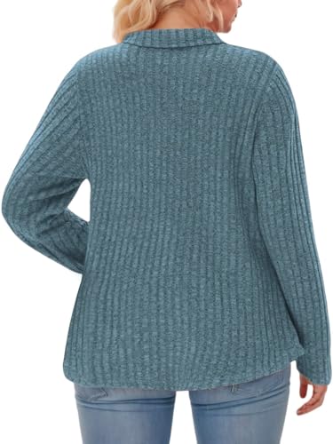 Image of VISLILY Womens-Plus-Size-Tops Collared V Neck Polo Shirts Lightweight Long Sleeve Sweaters Trendy Pocket Decor Tunic Blouses