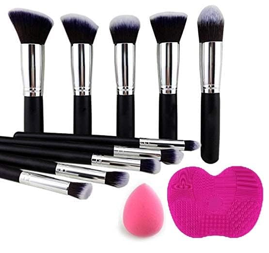 URBANMAC Premium Synthetic Kabuki Foundation Face Powder Blush Eyeshadow Brush Makeup Brush Kit with Blender Sponge and Silicone Makeup Brush Cleaning Mat (10 pcs, Black/Silver)