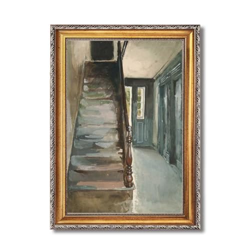 Vintage Framed Canvas Wall Art Rustic Staircase Art Print Retro Minimalist Poster Copy painting Pictures Wall Decor for Living Room Bedroom Office (Framed,12W X16L)