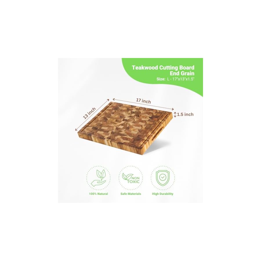 VIETGREEN Durable Teak wood End Grain Cutting Board Sturdy Reversible Teakwood Chopping Board Non-slip Natural Pre-oiled Cutting Board Gifts Sustainable Wooden Carving Board for Kitchen