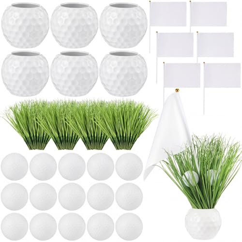 Ferrochef 6 Set Golf Centerpieces Party Table Decorations Kit Includes Ceramic Golf Ball Planters 90 Artificial Grass Stems 12 Mini Balls 6 Flags for Sport Themed Party Supplies Rugby Favors