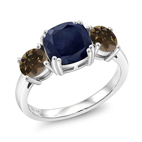 Gem Stone King 925 Sterling Silver Blue Sapphire and Brown Smoky Quartz 3 Stone Engagement Ring For Women (3.82 Cttw, Gemstone September Birthstone, Cushion 8MM, Available in Size 5,6,7,8,9)