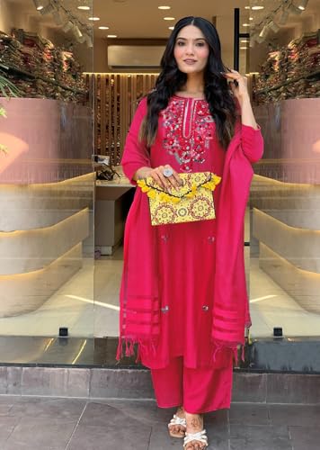 Image of ANNI Designer Women's Rayon Viscose Embroidered Straight Kurta with Pant & Dupatta