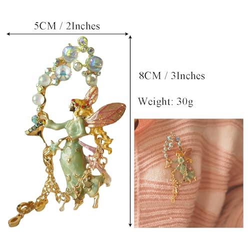 Image of Ouliget Retro Enamel Angel Brooch,Heavy Craft Medieval Bubble Fairy Crystal Badge, Fringed Corsage Pin Jewelry for Elegant Women Girl