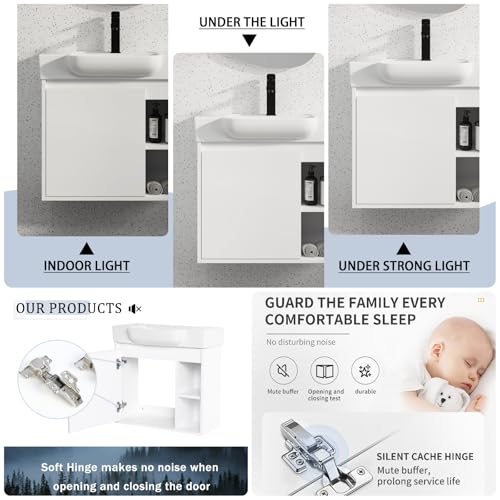 Image of 24 inch Bathroom Vanity with Ceramic Sink, Modern Wall-Mounted Bathroom Vanity with Soft-Close Door & 2 Open Storage Shelves, Farmhouse, Undermount Storage Cabinet, Easy to Clean, Glossy White