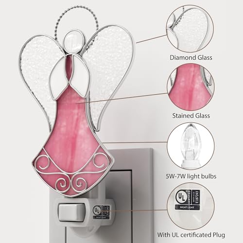 Image of Stained Glass Pink Angel Night Lights Plug in for Home Decor | Chrome & Stained Glass Night Light Plug into Wall,Holiday Night Light for Hallway Mothers Day Gift for Mom Birthday Christmas