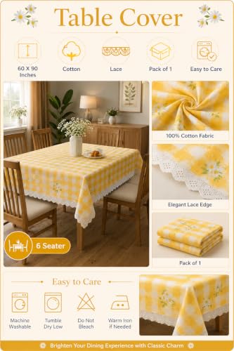 Image of Amazon Brand - Umi Cotton Tablecloth for 6-8 Seater Dining Table, Yellow Gingham Check Daisy Floral Print Rectangular Table Cover with Lace Trim 4 Corners, Farmhouse Cottage Style Washable Table Linen