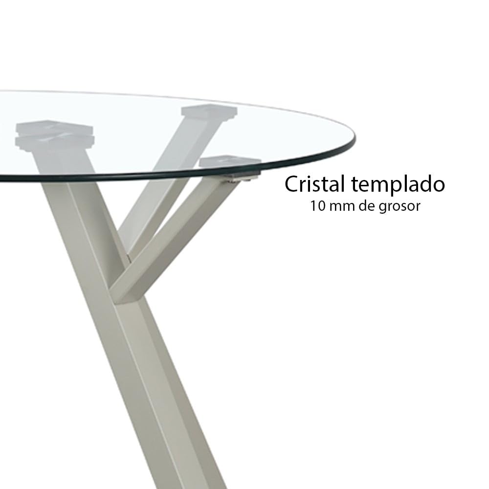 Mesa redonda de cristal templado y metal beige de 100 cm de diámetro | Capacidad para 4 personas. Diseño moderno que aporta amplitud visual y calidez a tu comedor o zona de office.