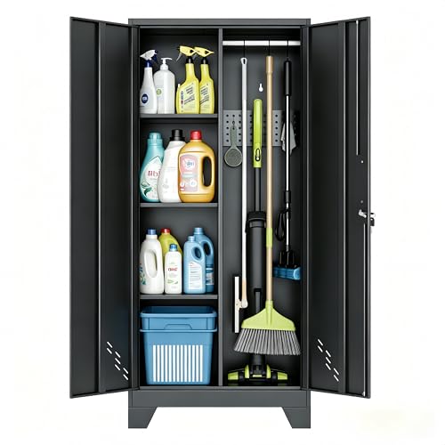 Image of Broom Closet Storage Cabinet, 61 inch H Metal Storage Cabinet with Locking Doors and Pegboard, Utility Closet for Garage, Laundry Room, Living Room, Home Office