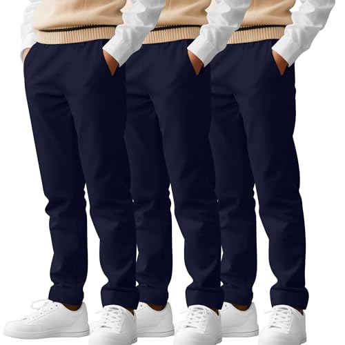 LessonZoo 3 Pack Boys School Uniform Pants 6-14Y Elastic Waist Stretch Boys Dress Pants with Pockets Straight Fit for Youth(10-11 Years Navy Blue Navy Blue Navy Blue)