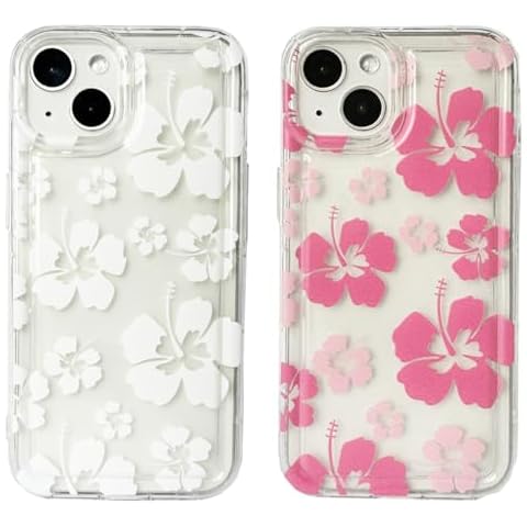LALAPOPO 2 Pack Cute Hibiscus Flower Clear Phone Case for iPhone 13 6.1", Aesthetic Design Cases Soft TPU Shockproof Protective Cover for Teen Girls Women Cover