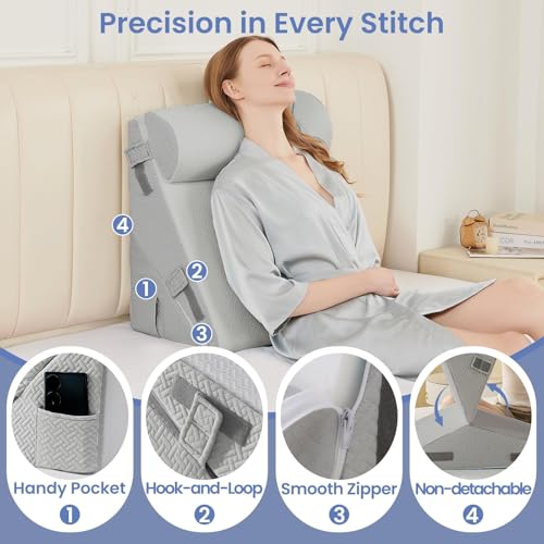 Image of Sasttie Wedge Pillow Set for After Surgery, 2PCS Adjustable Bed Wedge Pillow Headboard with Memory Foam Neck Cushion - for Acid Reflux, Sleeping, Neck & Back Support, Light Grey