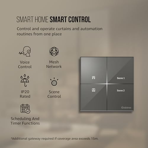 Image of Havells Crabtree iSense Smart Monoblock Touch Panel with 1 Curtain Controller & 2 Scene(Grey) I Compatible with 2M Gang Box I Mesh connectivity I Compatible with Alexa, Google Home