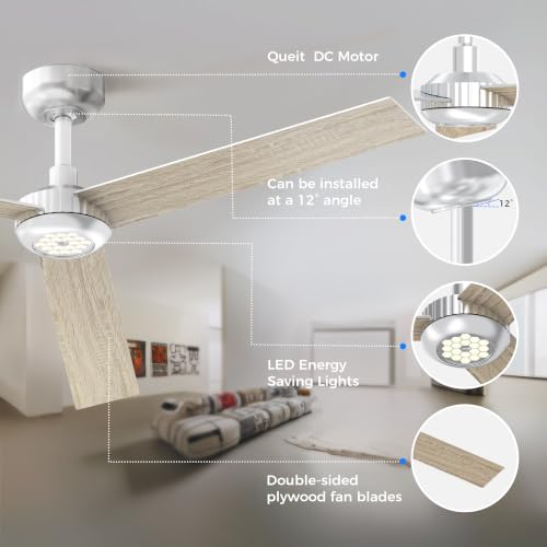 Image of TALOYA 52 inch Ceiling Fan,Silver Finish,6-Speed,Dimmable,Noiseless,Reversible DC Motor,3 blades