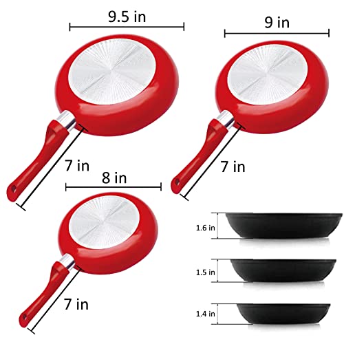 Nonstick Frying Pan Set, 8 Inch Omelet Pan, 9" & 9.5" Ceramic Fry Pans With Glass Lids;Double Layer Coating Ceramic Pan, Skillet Set Of 5 Pcs, Dishwasher Safe (Red) #TOP1