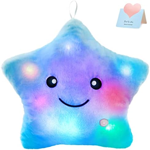 WEWILL 13'' LED Twinkle Star Soft Plush Pillow Toys Glowing Stuffed Star Light up Pillow Plush with Colorful Night Lights Birthday for Toddler Kids (Blue)