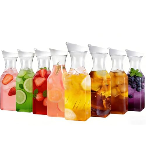 Set Of 8 Plastic Carafe With Lid, 50 Oz Mimosa Bar Supplies, Large Plastic Water Pitcher, Square Base Juice Containers For Party, Milk Container, Beverage Containers For Fridge- HAND WASH ONLY