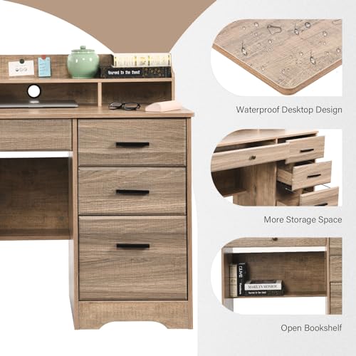 Catrimown Computer Desk with Drawers and Hutch, Wood Executive Desks for Home Office Bedrooms Desk Student Teen Writing Laptop Table, Small Desk with File Drawer for Small Places, Grey - Thumbnail 4