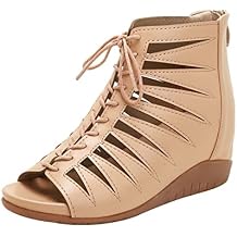 Womens Lace-Up Wedge Hollow Roman Sandals with Back Zipper,Summer Casual Fish Mouth Open Toe Platform Gladiator Sandal for Beach Holiday Reunion