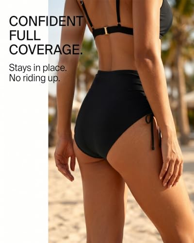 Image of Holipick Women's High Waisted Bikini Bottom | Tummy Control Ruched, Full Bum Coverage, Full Lining, Adjustable Drawstring Tie Side, Swimming, Beach
