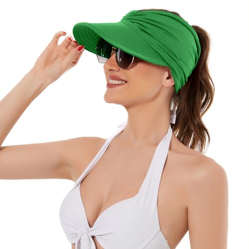 Wide Brim Visor Hats for Women-Lightweight Packable Ponytail Hat, Comfortable Quick-Dry Sun Visor for Casual Green