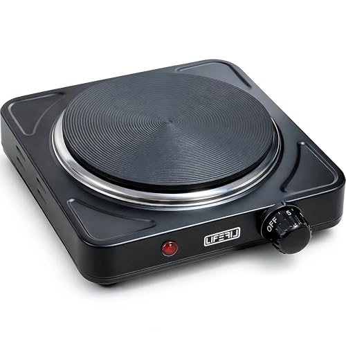 LIFEFIL - Hornillo eléctrico portátil para cocinar CookMate 1000W. Placa de alta potencia para alimentos, ideal para camping, terraza, caravanas. Apta para todas las sartenes. Negra