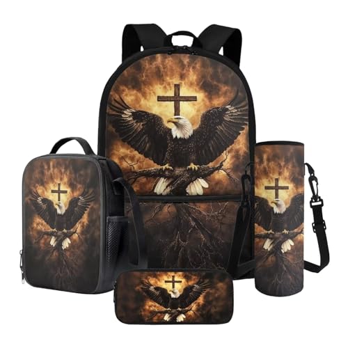 Talayituse Eagle Cross Fire Print Backpack for Boys Girls, 4Pcs School Bookbag with Lunch Box Pencil Bag Water Bottle Carrier Bag, Kids Schoolbag Set for Elementary Preschool Kindergarten