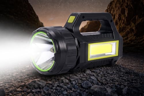 Image of Visione Arc Heavy Duty Rechargeable LED Torch Light - Long Distance High Range Searchlight with Side COB Emergency Lantern, Solar Charging Panel and Built-in Top Handle for Farming, Home & Camping