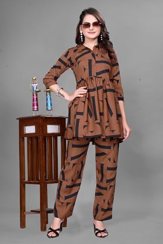 Image of Women Crepe 3 /4 Sleeves V Neck Cord Set Featuring Floral Pattern Design 2 Piece Ethnic Wear Set