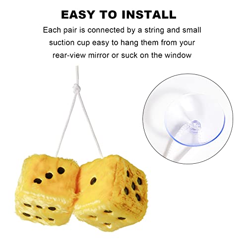 Giveme5 3 Inch Pair Of Retro Square Mirror Hanging Couple Fuzzy Plush Dice With Dots For Car Interior Ornament Decoration (Yellow) #TOP2