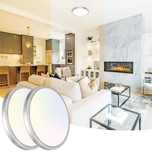 Peasur 7 Inch Satin Round Lighting Brushed Nickel, 15W LED Slim Flush Mount Ceiling Light,3000K/4000K/6500K Adjustable, Modern LED Ceiling Light for Bedroom, Living Room and Kitchen(2-Pack)