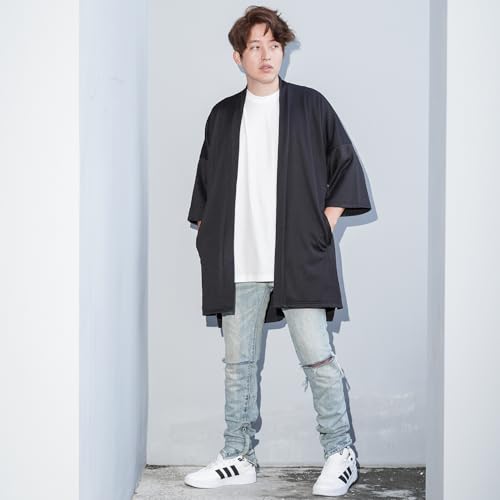 Men's Long Oversized Kimono Cardigan Noragi Street Jacket Haori Man Yukata Coat (Black) - Thumbnail 3