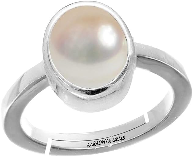 Original Certified Pearl Moti Stone Silver Plated Adjustable Ring (Stone Size 6-7 Carat) | Astrological Benefits and Healing Gemstone Ring for Men and Women