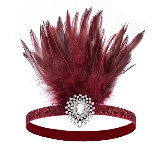 Sweetv Flapper Headband 1920S Headpiece Rhinestone Feather Hair Band Great Gatsby Headpiece For Women,Wine Red #TOP4