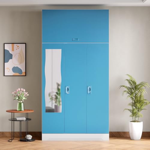 Image of Interio by Godrej Almirah Slimline 3-Door Steel Almirah, Cupboard for Clothes (Royal Ivory and Milky Blue), 1-Year Warranty, 6 Shelves, 1 Locker, 2 Drawers, Overhead Unit, Curvilinear Mirror
